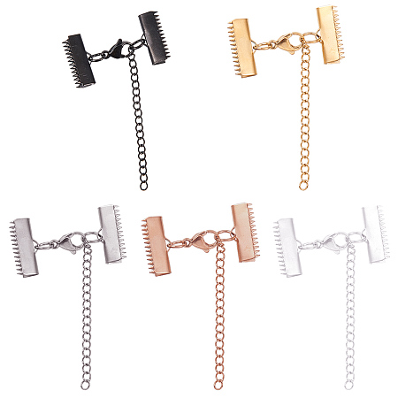 PandaHall Elite 10 Sets 5 Color Stainless Steel Ribbon End Clamp Crimps with Lobster Claw Clasp 20mm Flat Crimp End Clamps