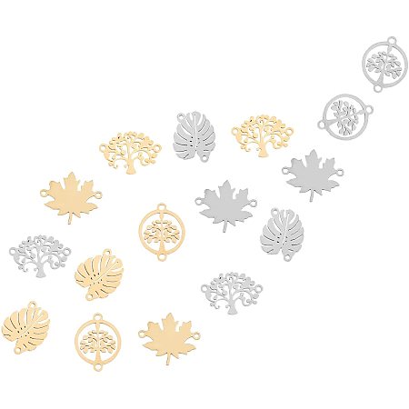 SUNNYCLUE 1 Box 16Pcs 4 Styles Tree of Life Connector Charms Stainless Steel Hollow Leaf Links Charms Flat Round Maple Autumn Theme for DIY Bracelets Making Crafts Supplies, Golden Silver