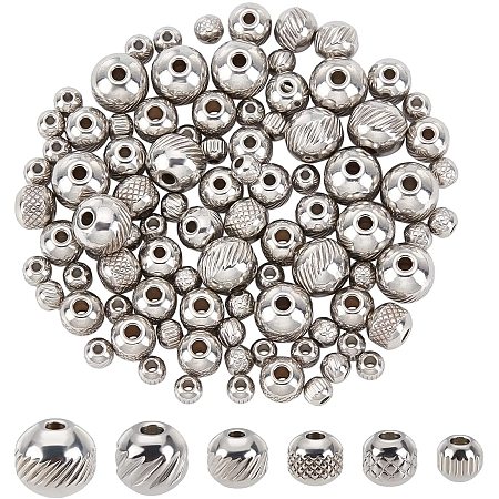 UNICRAFTALE About 120pcs 6 Sizes Round with Vertical Stripes Metal Beads Stainless Steel Spacers Beads Ball Loose Beads for Bracelet Neckalce Jewelry Making 4-8mm