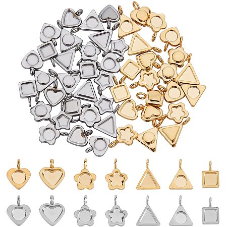 UNICRAFTALE About 56pcs 7 Styles 2 Colors Stainless Steel Pendant Cabochon Settings About 3.5-5mm Long Trays Heart/Flower/Star/Triangle/Square Shape Bezel Pendant Blanks Settings
