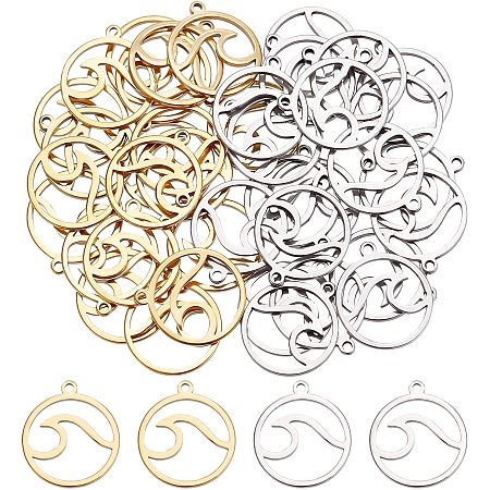UNICRAFTALE About 40pcs Stainless Steel Ocean Wave Pendants 2 Colors Round Ring with Wave Pendants Hypoallergenic Metal Charm for DIY Jewelry Making 1mm Hole