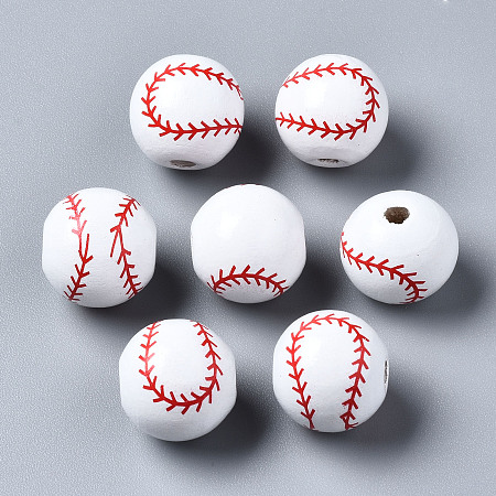 Honeyhandy Painted Natural Wood European Beads, Large Hole Beads, Printed, Baseball, White, 16x15mm, Hole: 4mm