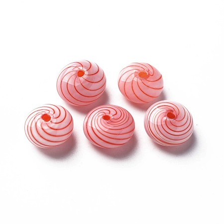 Handmade Blown Glass Globe Beads, Stripe Pattern, Flat Round, Red, 15~16x9~10mm, Hole: 1~2mm