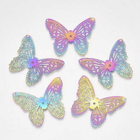 Nbeads  201 Stainless Steel Filigree Pendants, Etched Metal Embellishments, Butterfly, Multi-color, 32x39.5x0.2mm, Hole: 1.2mm