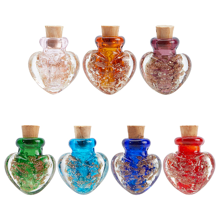 Handmade Luminous Lampwork  Perfume Bottle Pendants, Essential Oil Bottle, with Gold Sand, Heart, Mixed Color, 25~26.5mm, Hole: 5mm; Bottle Capacity: 0.5~1ml(0.017~0.03 fl. oz), 7pcs/bag
