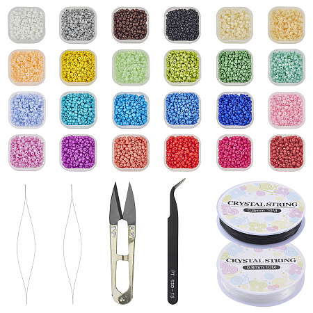Chgcraft DIY Jewelry Sets, with Glass Seed Beads, Sharp Steel Scissors, Elastic Crystal Thread, Stainless Steel Big Eye Beading Needles & Tweezers, Plastic Bead Containers, Mixed Color, 35x35x18mm