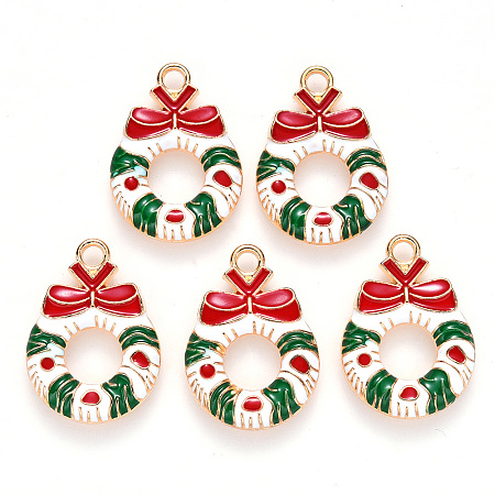 ARRICRAFT Alloy Enamel Pendants, for Christmas, Christmas Wreath with Bowknot, Light Gold, Colorful, 23x16x3mm, Hole: 2mm