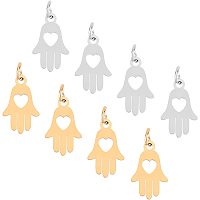 UNICRAFTALE 12pcs Hand of Miriam with Heart Charm Golden & Stainless Steel Color Hamsa Hand Stainless Steel Metal Charm for Jewelry Making DIY 15mm, Hole 4mm