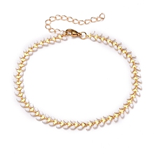 Honeyhandy Brass Enamel Cobs Chain Anklets, with 304 Stainless Steel Lobster Claw Clasps, White, Real 18K Gold Plated, 8-1/2 inch(21.6cm)