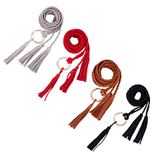 Gorgecraft 4Pcs 4 Color Microfiber Braided Chain Belts, Imitation Leather Double Tassel Charm Thin Waist Belts, with Golden Alloy Round Knotted Buckle, for Shirt Skirt Dress Overcoat, Mixed Color, 45-1/8 ~47-1/4 inch(114.5~120cm), 1Pc/color