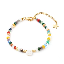 Honeyhandy Electroplate Glass Beaded Bracelets, with Smiling Face Shell Beads, Colorful, 7-1/2 inch(19.2cm)