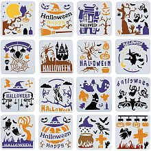 GORGECRAFT 5 Inch 16 Styles Pumpkins Stencils Reusable Painting Halloween Stencil Plastic Drawing Templates DIY Decorative Witches Ghosts Bats Spider Web Template Crafts for Wood Wall Decor