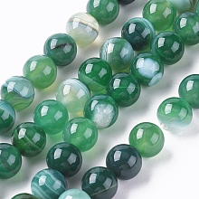 Honeyhandy Natural Striped Agate/Banded Agate Beads Strands, Dyed & Heated, Round, Green, 6mm, Hole: 1mm, about 63pcs/strand, 14.57 inch(37cm)