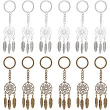 NBEADS 12 Pcs 2 Colors Dream Catcher Keychain, Alloy Keychain Pendants Woven Net with Feather Pendant Charms for DIY Jewelry Crafts Key Chain Hanging Decorations, Antique Bronze/Silver