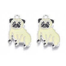 Honeyhandy Rack Plating Alloy Enamel Pendants, Lead Free & Nickel Free & Cadmium Free, Platinum, Dog, Champagne Yellow, 28x17.5x2mm, Hole: 1.8mm