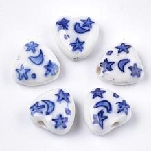 Honeyhandy Handmade Porcelain Beads, Blue and White Porcelain, Heart with Moon and Star, Blue, 15x15x8mm, Hole: 1.6mm