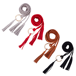 Gorgecraft 4Pcs 4 Color Microfiber Braided Chain Belts, Imitation Leather Double Tassel Charm Thin Waist Belts, with Golden Alloy Round Knotted Buckle, for Shirt Skirt Dress Overcoat, Mixed Color, 45-1/8 ~47-1/4 inch(114.5~120cm), 1Pc/color