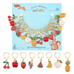 NBEADS Alloy Enamel Fruit Charms Locking Stitch Markers, with Golden Tone 304 Stainless Steel Ring, Mixed Color, 3~4cm, 8 style, 2pcs/style, 16pcs/set