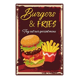 CREATCABIN Rectangle Vintage Metal Iron Sign Poster, for Home Wall Decoration, Hamburger Pattern, 300x200x0.5mm