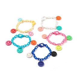 Honeyhandy Opaque Acrylic Smiling Face Charm Bracelets, with ABS Plastic Cable Chains, Mixed Color, 7-7/8 inch(20cm)