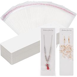 PandaHall Elite 100pcs Long Necklace Display Cards with 100pcs Clear Self Adhesive Bags, 8x2.3 Inch White Jewelry Display Cards Paper Hanging Cards Necklace Holder Craft Organizers Packaging for Business