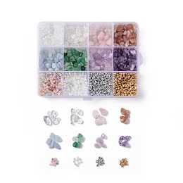 Honeyhandy DIY Beads Jewelry Making Kit, Include Glass Seed Beads and Natural Quartz Crystal, Rose Quartz, Strawberry Quartz, Green Aventurine, Amethyst, Dyed Natural Aquamarine Chips Beads, Mixed Color, 5~8x5~8mm, Hole: 0.3mm,  8style, 13g/style, 104g