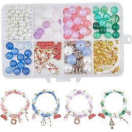 SUNNYCLUE 1 Box 438Pcs DIY 4 Sets Christmas Charms Beading Bracelets Making Kit Double Layered Bracelet Enamel Christmas Tree Charm Snowman Holiday Charms Glass Beads for Jewelry Making Kits Women