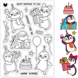 GLOBLELAND Penguin and Party Clear Stamp Happy Birthday and Cake Transparent Silicone Stamp Rubber Stamp for Scrapbook Journal Christmas Card Making