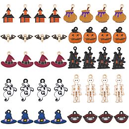 CHGCRAFT 40Pcs 10 Styles Halloween Theme Alloy Enamel Pendants Ghost House Bat Skeleton for Bracelets Necklace Making, Mixed Color