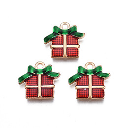 Christmas Alloy Enamel Pendants, Cadmium Free & Lead Free, Light Gold, Christmas Gift, Dark Red, 15x16x2.5mm, Hole: 1.8mm