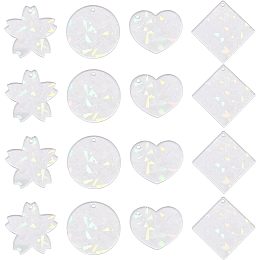 NBEADS 16 Pcs Transparent Acrylic Pendant, 4 Styles Laser Acrylic Charm Flower Heart Rhombus Flat Round Charms Blanc Dangle Charms with Glitter for Earrings Necklaces Keychain Jewelry Making