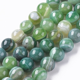 Honeyhandy Natural Striped Agate/Banded Agate Beads Strands, Dyed & Heated, Round, Green, 10mm, Hole: 1.2mm, about 37pcs/strand, 14.65 inch(37.2cm)