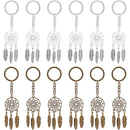 NBEADS 12 Pcs 2 Colors Dream Catcher Keychain, Alloy Keychain Pendants Woven Net with Feather Pendant Charms for DIY Jewelry Crafts Key Chain Hanging Decorations, Antique Bronze/Silver