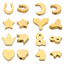 DICOSMETIC 16Pcs 8 Style 304 Stainless Steel Charms, Mixed Shape, Golden, 8~10.5x7.5~10x3mm, Hole: 1.5~1.8mm, 2pcs/style