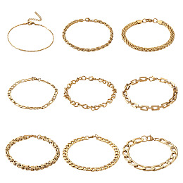 304 Stainless Steel Chain Bracelets, with Lobster Claw Clasps, Mixed Color, 9pcs/set