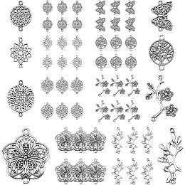 SUNNYCLUE 1 Box 64pcs 8 Styles Butterfly Tree of Life Connector Charms Findings Chakra Flower Craft Supplies for DIY Jewelry Bracelet Necklace Earring Making Crafting Accessories, Antique Silver