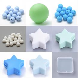 PandaHall Elite 40Pcs 8 Style Food Grade Eco-Friendly Silicone Beads, Chewing Beads For Teethers, DIY Nursing Necklaces Making, Round & Star, Mixed Color, 12~14x12~13.5x8~12mm, Hole: 2mm, 40pcs/box