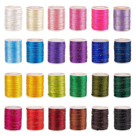 Olycraft Polyester Cord, with Gold Metallic Cord, Chinese Knotting Cord, Mixed Color, 1.5mm; about 4m/roll, 24 colors, 1roll/color, 24rolls/set