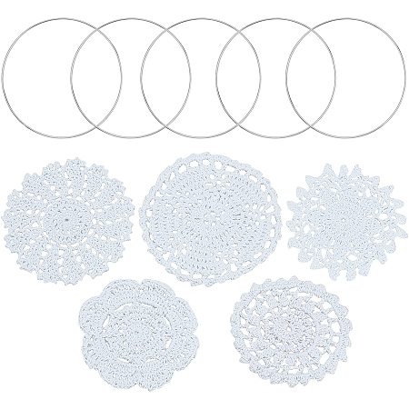 Gorgecraft Cup Mat Cotton Coaster, Crochet Cotton Lace Coasters, for Drinks Home Decoration, with Iron Linking Rings, White, Cup Mat: 5pcs; Linking Rings: 5pcs