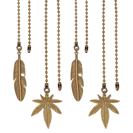 ARRICRAFT 1 Set Tibetan Style Alloy Ceiling Fan Pull Chain Extenders, with Iron Ball Chains, Iron Bead Tips, Feather & Hemp Leaf Shape, Antique Bronze, 342x3mm, 2 style, 2pcs/style, 4pcs/set