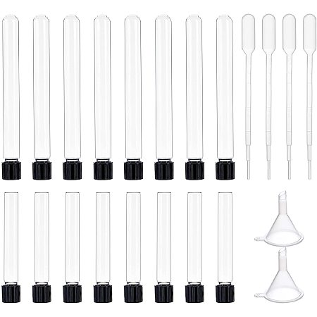 BENECREAT 16Pcs 9.5ml & 13.5ml Test Tubes with Black Screw Caps Clear Mini Test Tube Portable Test Tube with 2pcs Funnels 4pcs Transfer Pipettes for Science Lab and Storage Containers