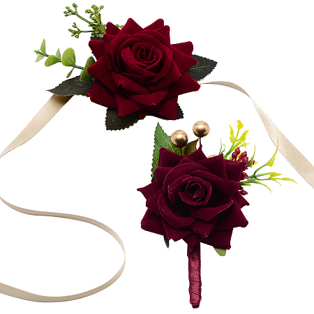 CRASPIRE 2 Pieces Red Wrist Corsage Wedding Flowers Accessories Artificial Rose Wrist Boutonniere Buttonholes Rose Wrist Corsage Groom and Brides Rose Wedding Flowers Accessories