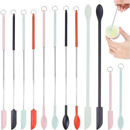 OLYCRAFT 10Pcs Mini Silicone Spatula Set Silicone Retractable Spatula Tiny Silicone Spoon Spatula with Iron Split Ring Adjustable Mini Spatula for Kitchen Cooking Cosmetic Jars Bottles 4Colors