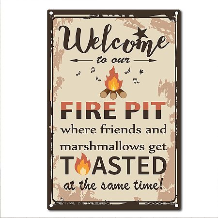 CREATCABIN Welcome to Our Fire Pit Metal Tin Sign Vintage Funny Camping Signs for Home Kitchen Farm Garden Garage Wall Decor, 8 x 12 Inch