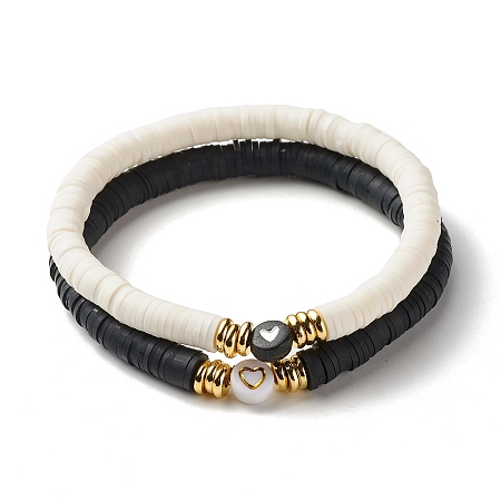Arricraft Heart Pattern Beads Stretch Bracelets Set for Women, Polymer Clay Heishi Beads Surfer Bracelet, White & Black, Gold, Inner Diameter: 2-1/4 inch(5.8cm), 2pcs/set