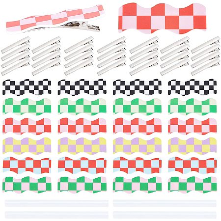 PandaHall Elite Hair Bows Making Kit, 24pcs 6 Colors 2.4 x 0.8 Inch Wave with Chessboard Pattern Two Tone Resin Cabochons 24pcs Alligator Hair Bow Clips 4pcs Hot Melt Glue Sticks for Lady Woman