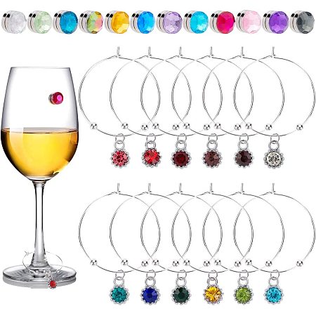 BENECREAT 12 Colors Rhinestone Wine Glass Charms Sets, Drink Markers Tags with 60pcs Beads and 20pcs Hoop Earrings for Cocktail Champagne Party Favors Decoration