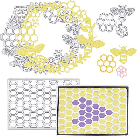 GORGECRAFT 3PCS Bees Cutting Dies Carbon Steel Honeycomb Background Frame Stencils Dies for Card Making Metal Embossing Template for DIY Scrapbooking Paper Card Craft Photo Album, Matte Platinum Color