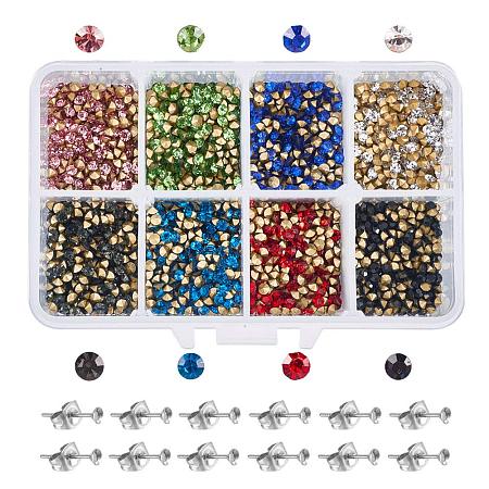 PandaHall Elite DIY Earring Making Kit - 80g 8 Color Pointed Back Chaton Rhinestones, 30pcs 304 Stainless Steel Blank Peg Ear Stud Ear Nut Components for DIY Jewelry Making