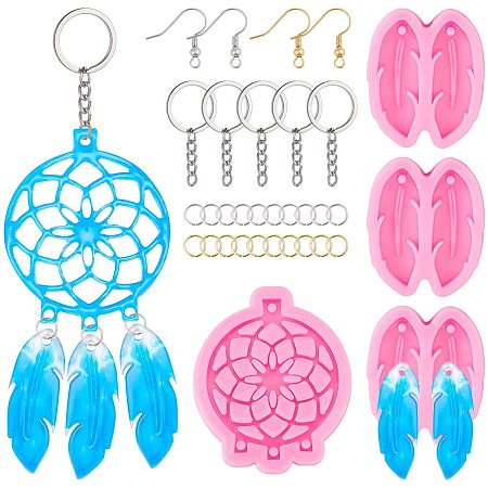 SUNNYCLUE 74Pcs 2 Styles Dream Catcher Resin Molds Feather Earring Mould Keychain Silicone Mold Kit Jump Rings Brass Hooks Key Rings for DIY Epoxy Jewelry Making Decoration Supplies Accessories